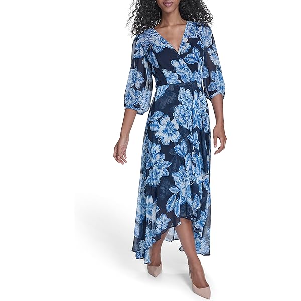 Calvin Klein Women's Flutter Sleeve Round Neck Chiffon A-line Midi Dress,  Blossom Multi, 2 at Amazon Women's Clothing store