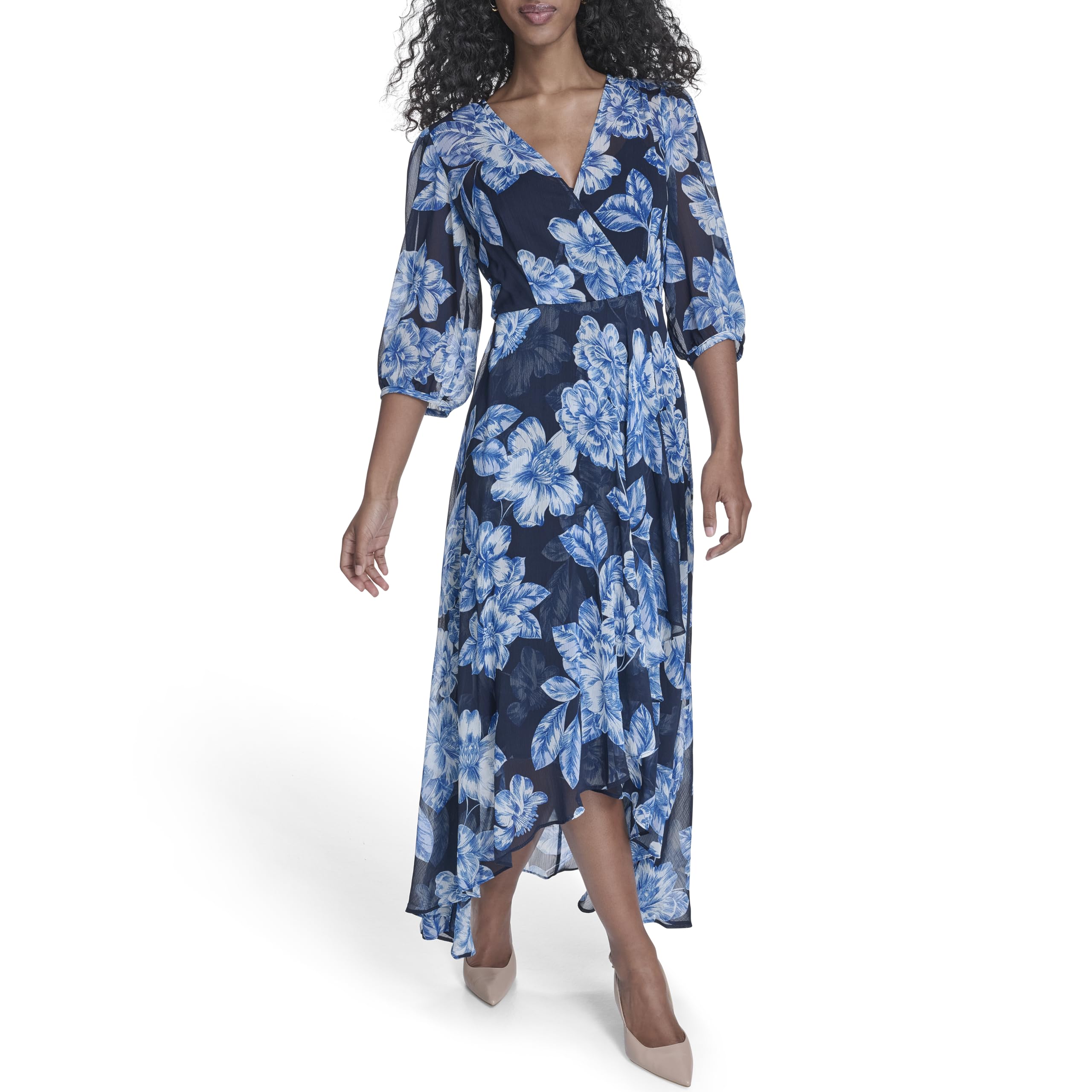 Calvin Klein Women’s 3/4 Sleeve Floral Chiffon Maxi, Indigo Multi, 4