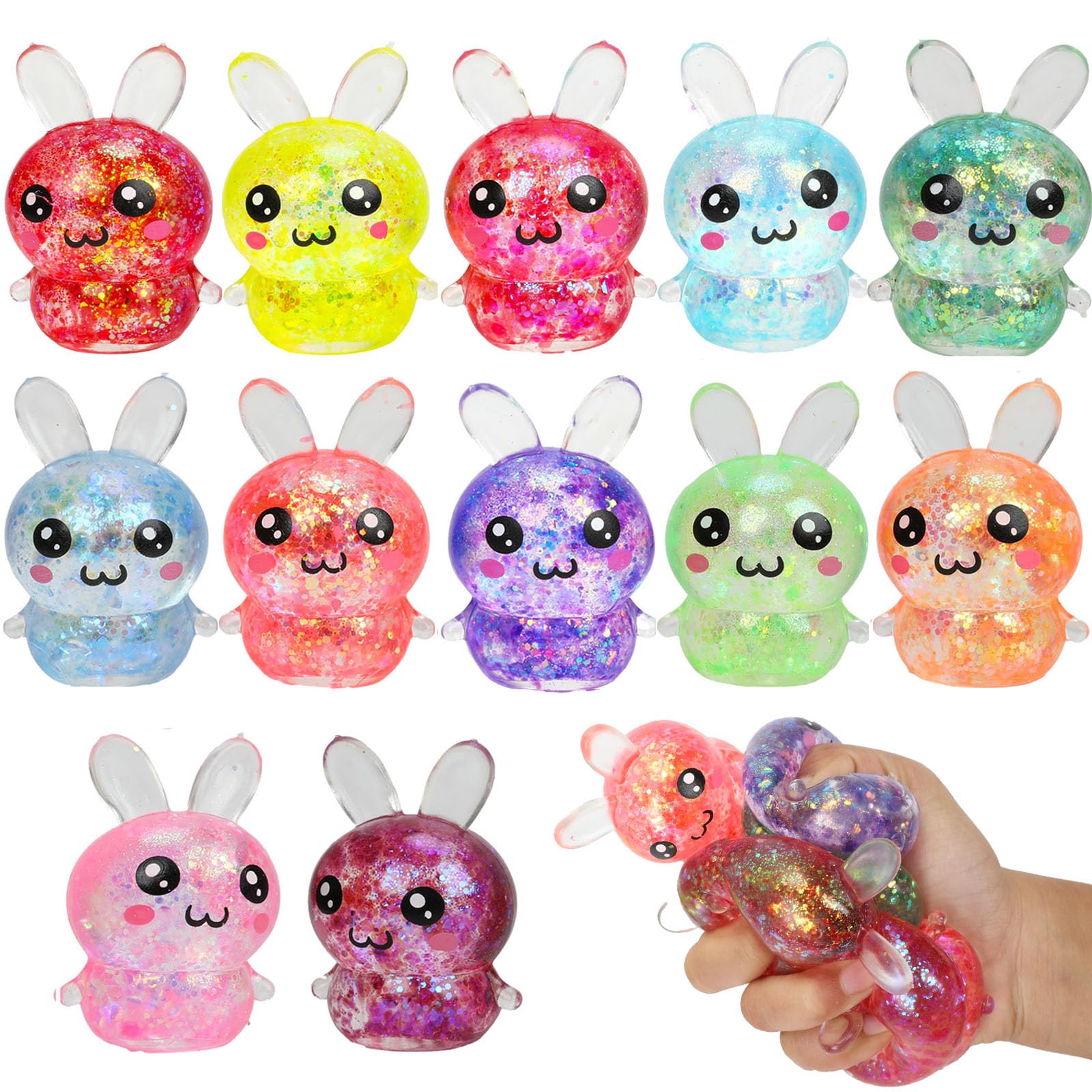 BEIGUO 12pcs Easter Glitter Bunny Stress Balls,Squishy Toys for Kids Boys Girls Easter Basket Stuffers, Easter Egg Fillers