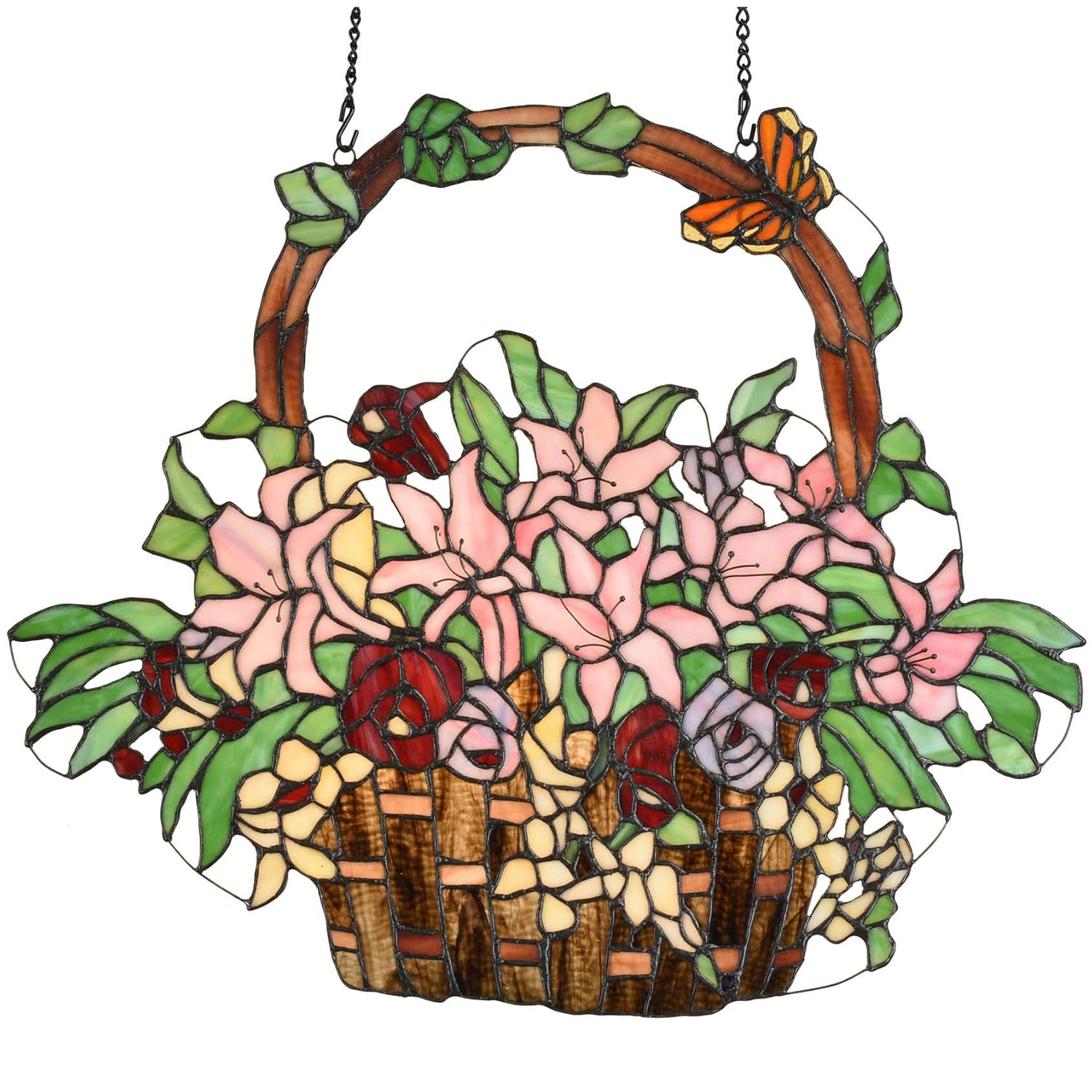 Bieye W10037 Lily and Rose Flower Gaily Decorated Basket 24-inch Tiffany Style Stained Glass Window Panel Wall Hangings