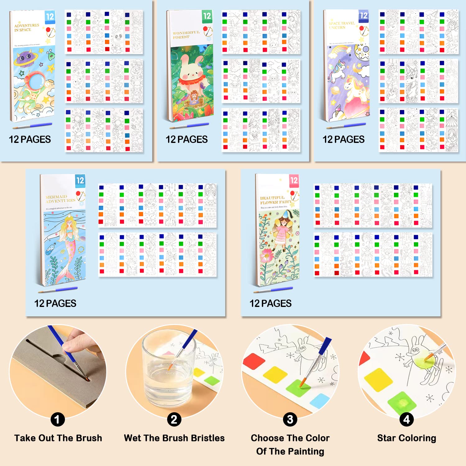 VERENIX 5 Pack Pocket Watercolor Painting Book Set Valentine Day Gift Watercolor Paint Book Travel Pocket Watercolor Kit, Pocket Hand Book Stocking Goodie Bag Stuffer Gifts for Kids
