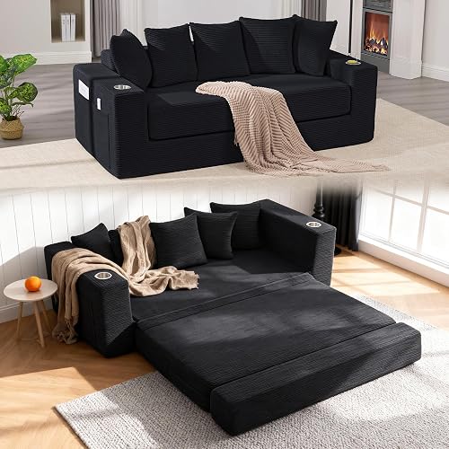 76" Convertible Sofa Bed, Corduroy Boneless Couch with Cup Holders & Pocket | 2-in-1 Sleeper Sofa, Pull-out Couch Bed with 5 Pillows, Living Room, Small Spaces, Bedroom, No Assembly