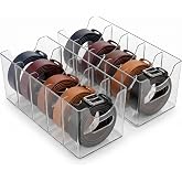 UniBeBri Clear Acrylic Belt Organizer 2 Pack, Stackable Belt Holder with 5 Removable Dividers &amp; Built-in Handles, Multi-Purpose Drawer Closet Storage Display Bin for Belts, Ties, Socks, Underwear