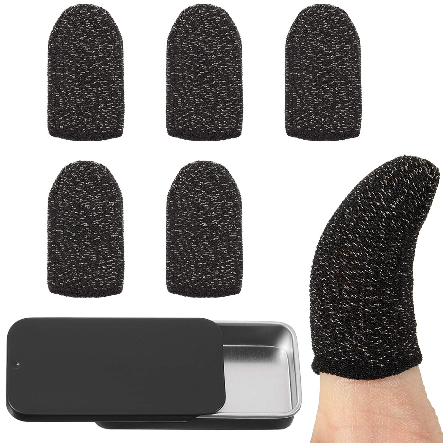 Mobile Game Finger Sleeves Controllers 6 Pieces Anti-Sweat Breathable Gaming Finger Sleeve Thin Full Touch Screen Finger Sleeves with Metal Slide Top Container for Touchscreen Smart Phone Games
