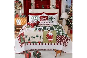 Cmfshape 5-Piece Christmas Quilt Set,King Size Xmas Tree Reindeer Santa Claus Pattern Christmas Bedding Set,Reversible Bedspread Coverlet,Holiday Bedding(106"x96")