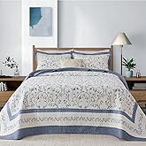 FineStichery Oversized Quilt Bedspread Coverlet Set, 128"x120" 100% Cotton California King Quilt, Botanical Pattern, Lightweight Quilted Reversible Bedding Set with 2 Pillow Shams, Blue/Yellow