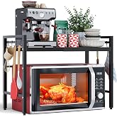 NETEL 2 Tier Expandable Microwave Stand countertop,Microwave Oven Rack | microwave shelf, storage shelves for pans &amp;appliances,Adjustable partition height，8 Hooks，132lbs max load,Black