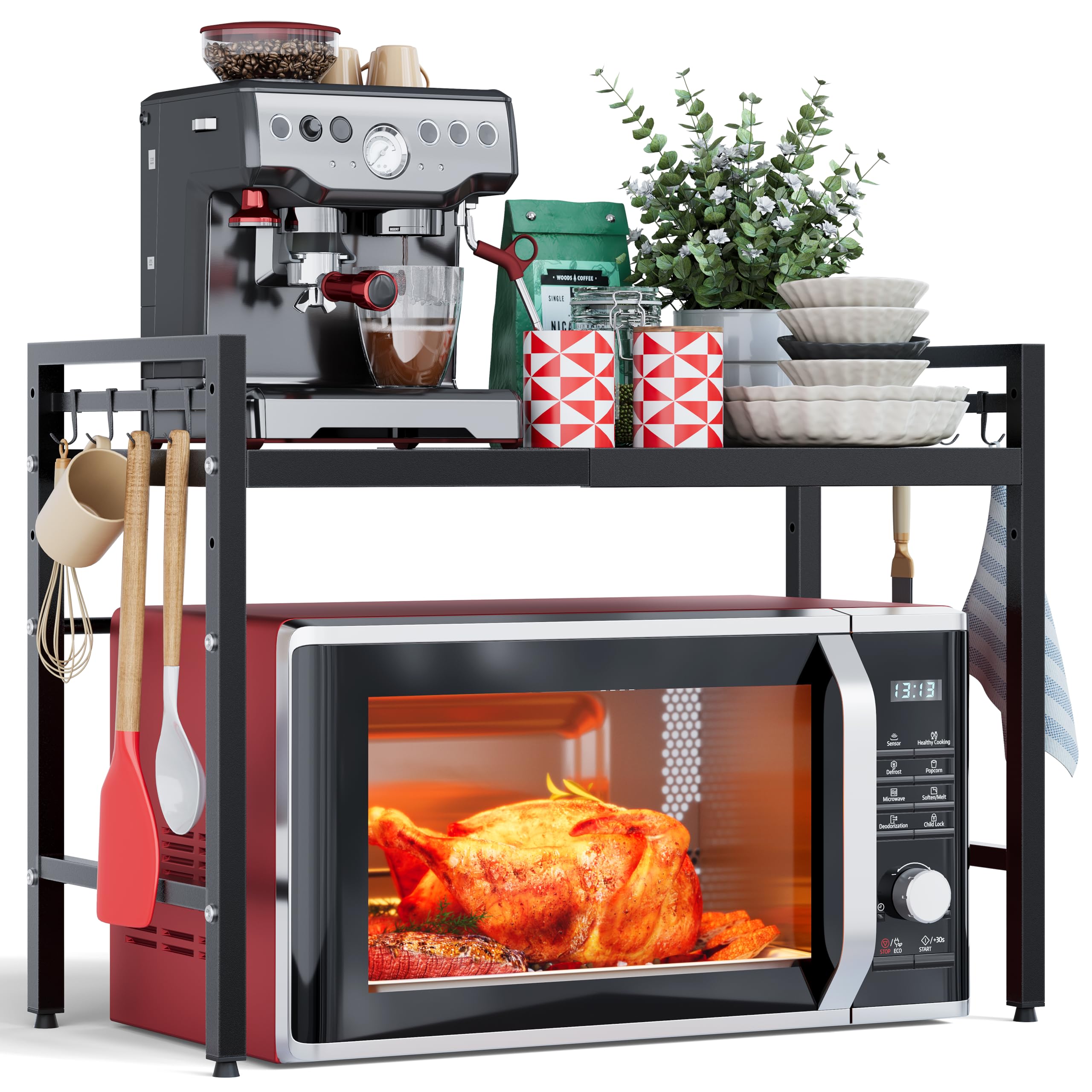Photo 1 of NETEL Expandable Microwave Stand,2 Tier Metal Kitchen Countertop Organizer Shelves with 8 Hooks,Bakers Rack,Microwave Shelf,Microwave Oven Rack,55lbs Weight Capacity
