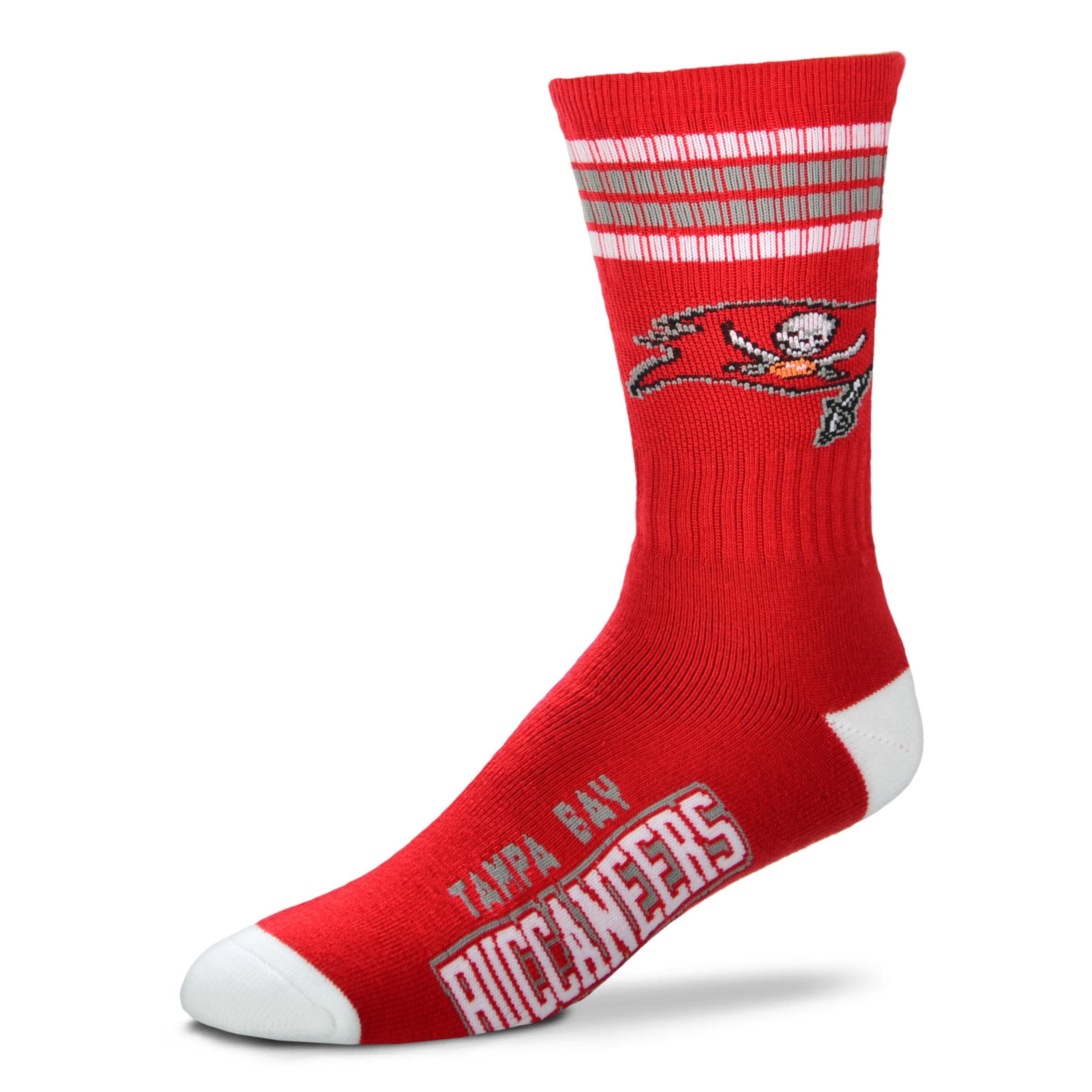 Photo 1 of **MAJOR DAMAGE**
For Bare Feet NFL Youth 4 Stripe Deuce Crew Sock, Tampa Bay Buccaneers, One Size