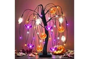 MOSOAN Halloween Table Decorations 18 Inch 36 LED Halloween Willow Tree with Pumpkin Bat Ghost Lights, Timer/USB/Battery Operated Black Halloween Tree Spooky Halloween Decorations Indoor Home Party Room Gift