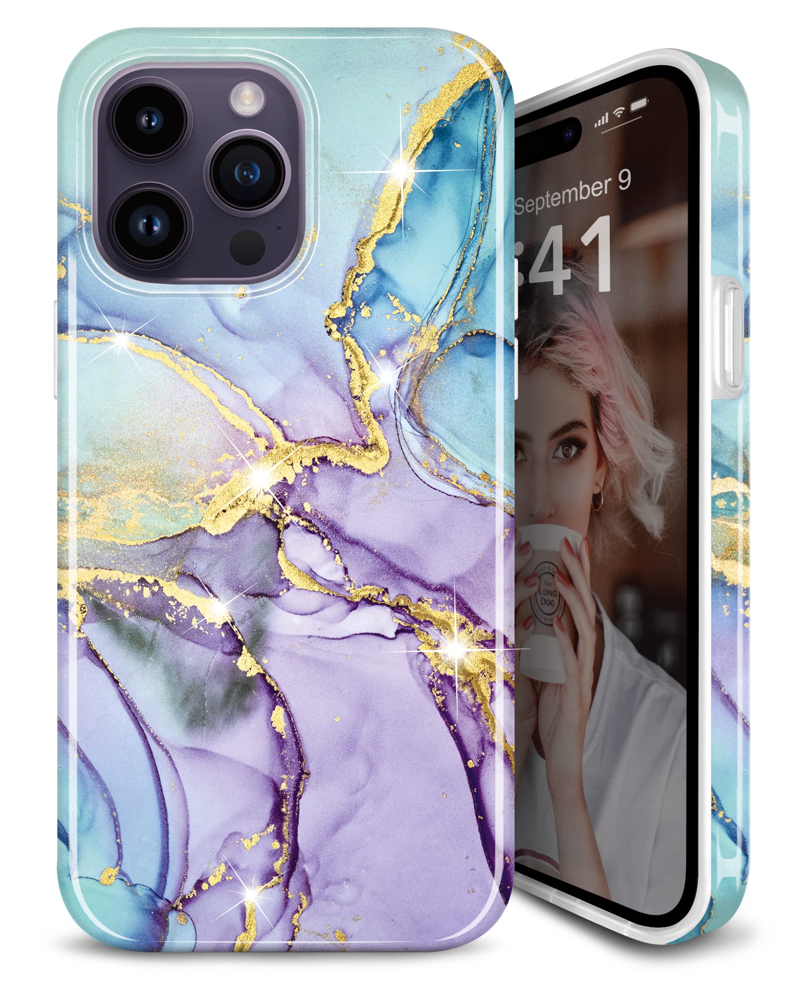 JIAXIUFEN Designed for iPhone 12 Pro Case iPhone 12 Case Gold Sparkle Glitter Marble Slim Shockproof Protective TPU Soft Rubber Silicone Cover Phone Case 6.1 inch Purple Blue