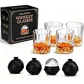BELLAFORTE Whiskey Glasses, Old Fashioned Glass Set of 8 – 4 Bourbon Glasses + 4 Silicone Ice Ball Molds, Premium 10oz Crystal Rocks Glass, Perfect for Scotch, Cocktails, Rum – Ideal Gifts for Men