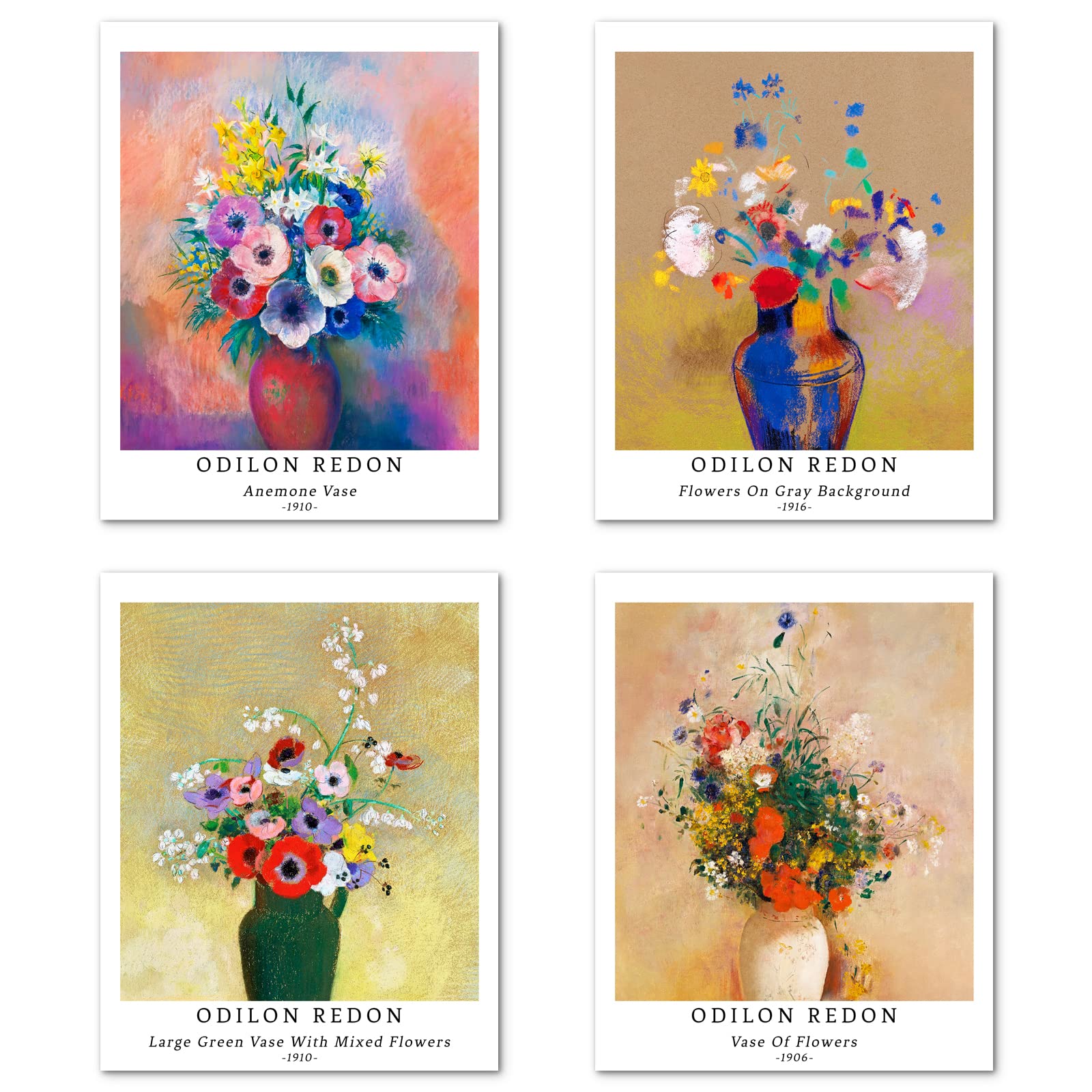 Berkin Arts Wall Art Unframed Prints Giclee Art Paper Set of 4, 8x10 inch Flower Artwork, School Decoration Botanical Floral Plant Colorful Natural Vase Illustrations Odilon Redon Pictures