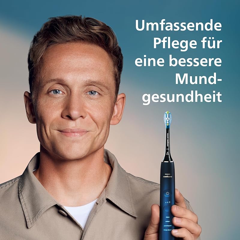 Sonicare DiamondClean elektrische Zahnbürste der 9000er Serie – Schallzahnbürste, sauberere Zähne und Mundpflege mit 4x C3 Premium Plaque Defense-Bürstenköpfen, Aquamarine (Modell HX9911/89)