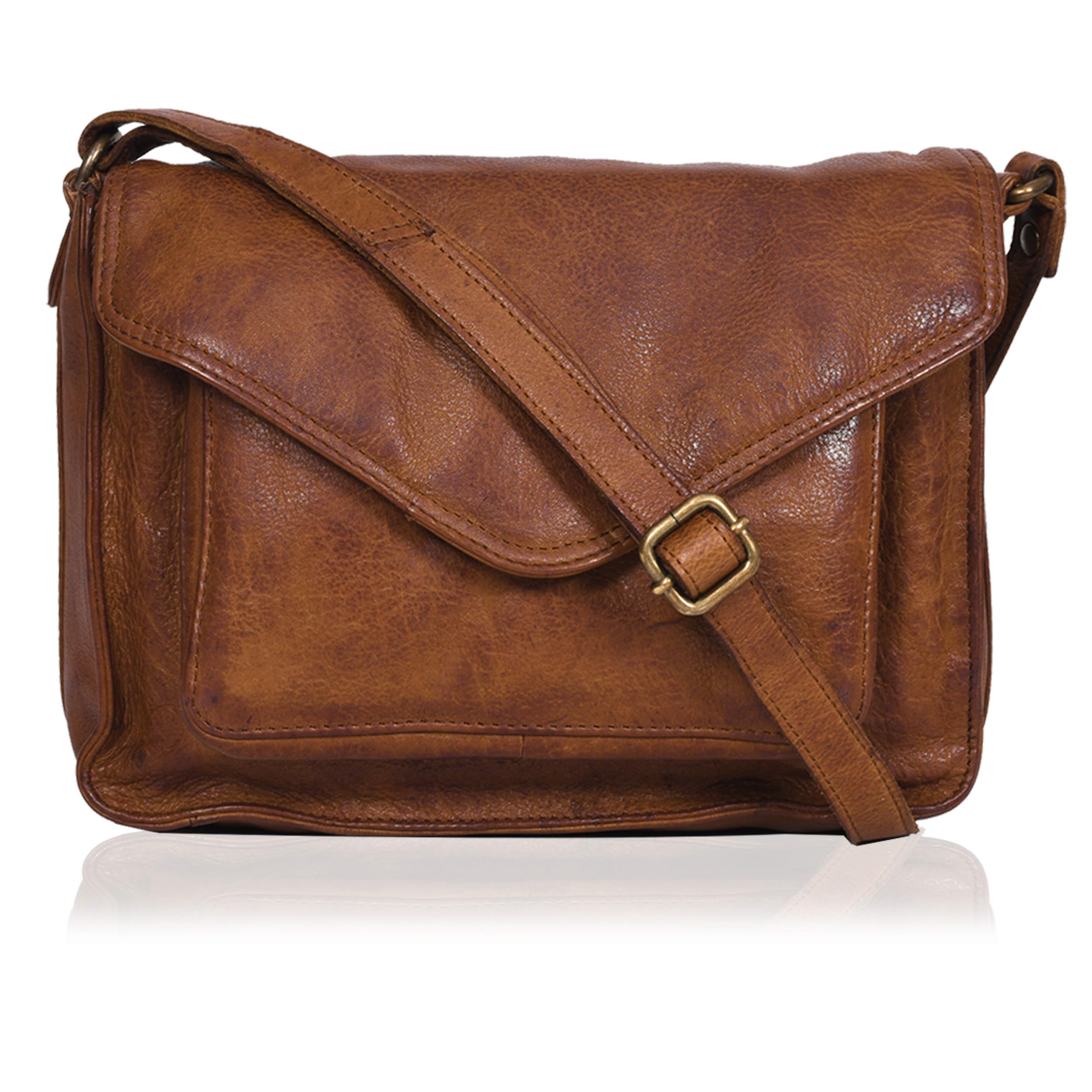 Photo 1 of Leather Flapover Crossbody Handbag Purse for Women with Adjustable Strap & Overflap Snap Closure Tote/Bag (Tan wash)