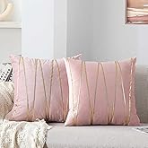 WACOMECO Soft Throw Pillow Covers - Pack of 2 Velvet Decorative Cushion Covers Cases for Sofa Bedroom Livingroom Car, 18" x 18", Pink and Gold