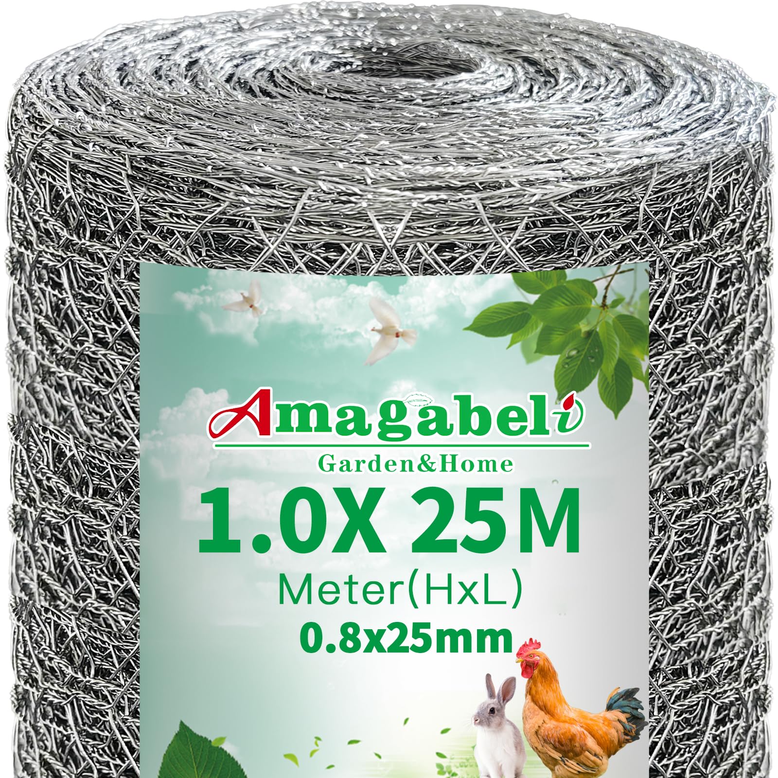 Amagabeli Chicken Wire 1Mx25M | 25mm Holes | 0.8mm /21 Gauge,Galvanized Hexagonal Wire Mesh Fencing Hot-Dipped Wire Poultry Netting Rabbit Dog Hardware Cloth Garden Animal Enclosure DA134