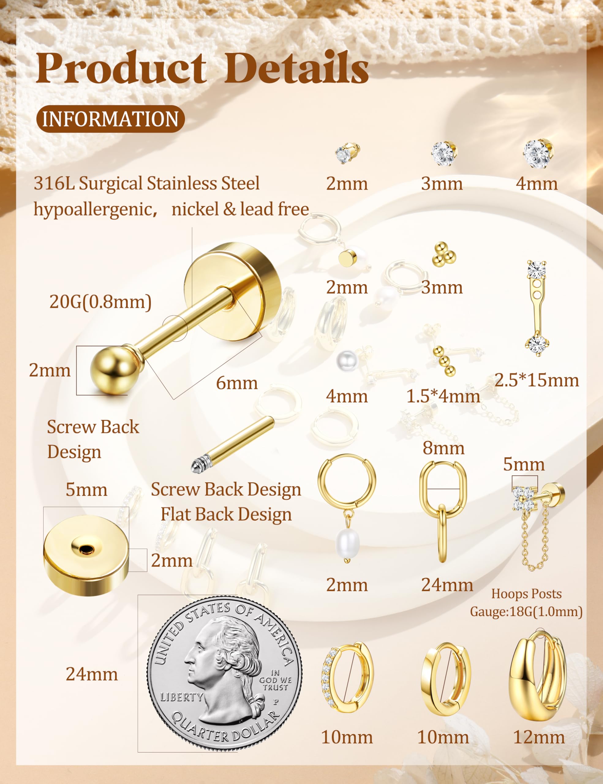LOLIAS Flat Back Earrings for Women Hypoallergenic Surgical Steel Earrings for Sensitive Ears-20G Cartilage Earring Stacks 14K Gold Plated Hoops Flatback Stud Earring Sets for Multiple Piercing