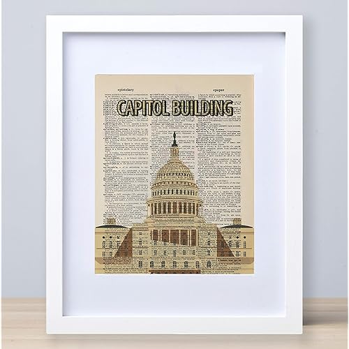 Vintage Handmade Art Prints for Home Decor with 11x14 Solid Wood Frame, Wall Prints on Recycled Books with White Frame, Unique Wall Decorations, Tabletop Display, Gift for Friends(Capitol Building)
