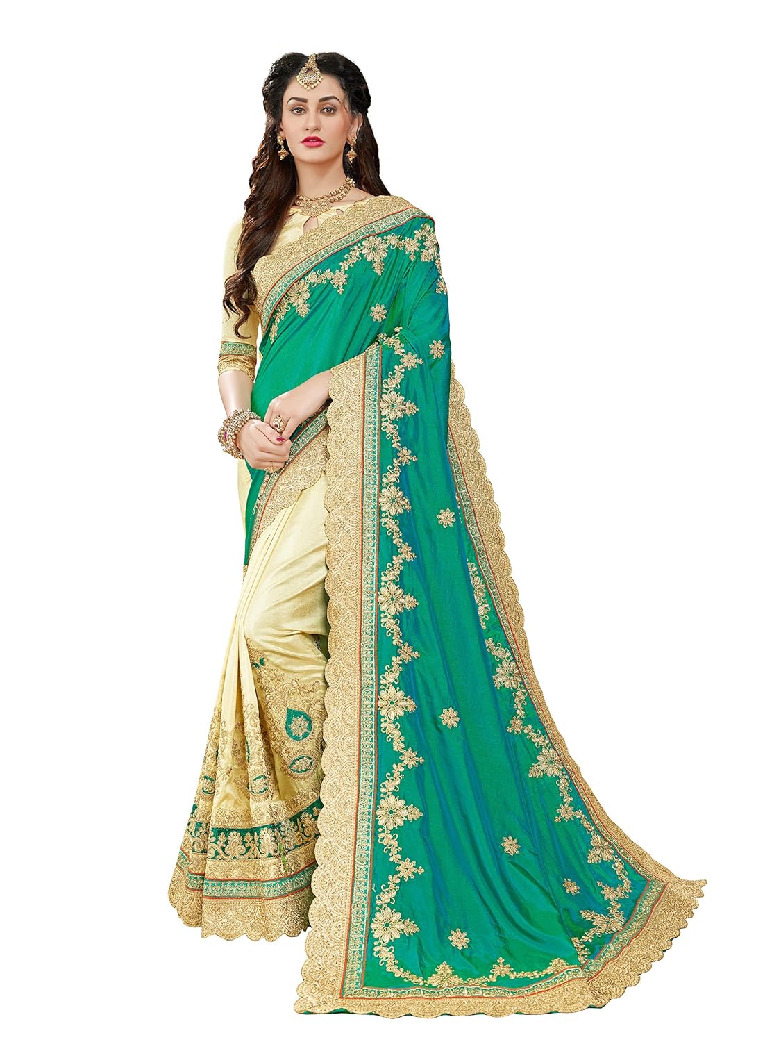 manohari embroidery green art silk saree