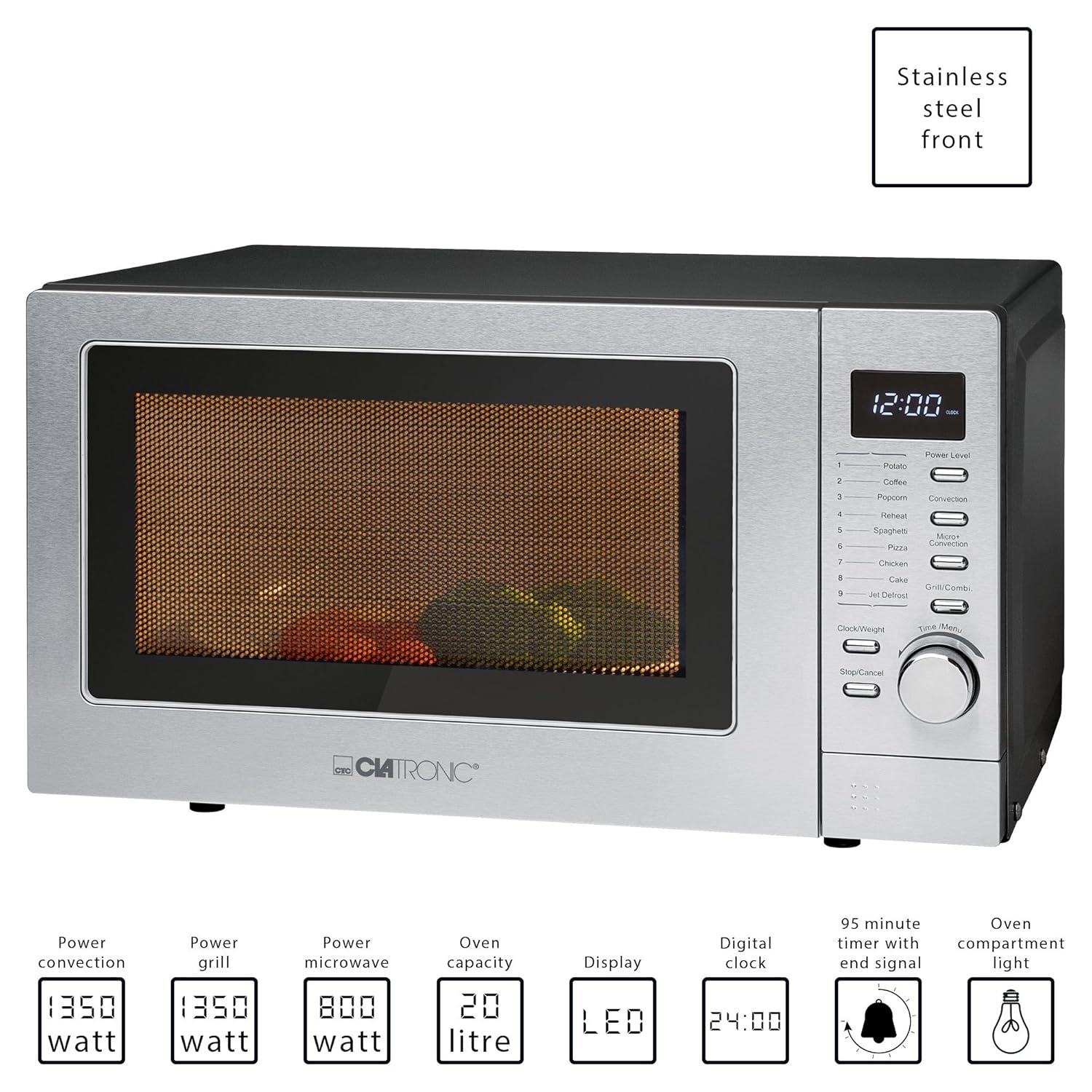 Clatronic MWG788H Microondas con grill y horno convección, 1350 W, 20 litros, Acero Inoxidable, Plateado