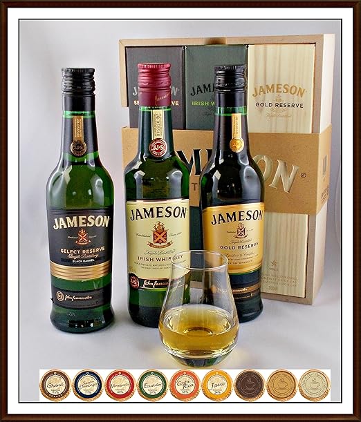 3 x 200ml Jameson irischer Whiskey im Holzkistchen mit Spey Dram Glas und 9 DreiMeister Edel Schokoladen, kostenloser Versand