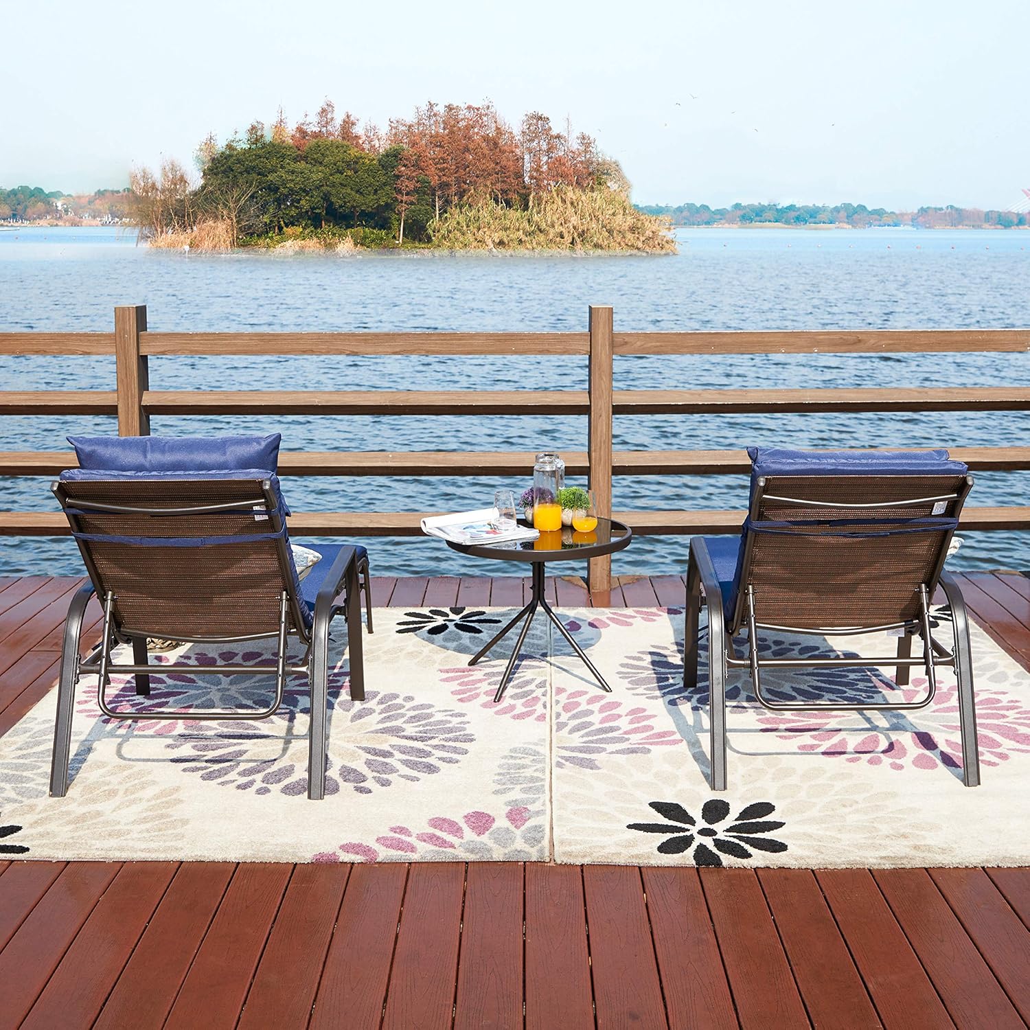 LOKATSE HOME 3 Pieces Outdoor Patio Chaise Lounge Chair Lounger Seating Furniture Set with Cushions and Table, Navy Blue : Industrial & Scientific