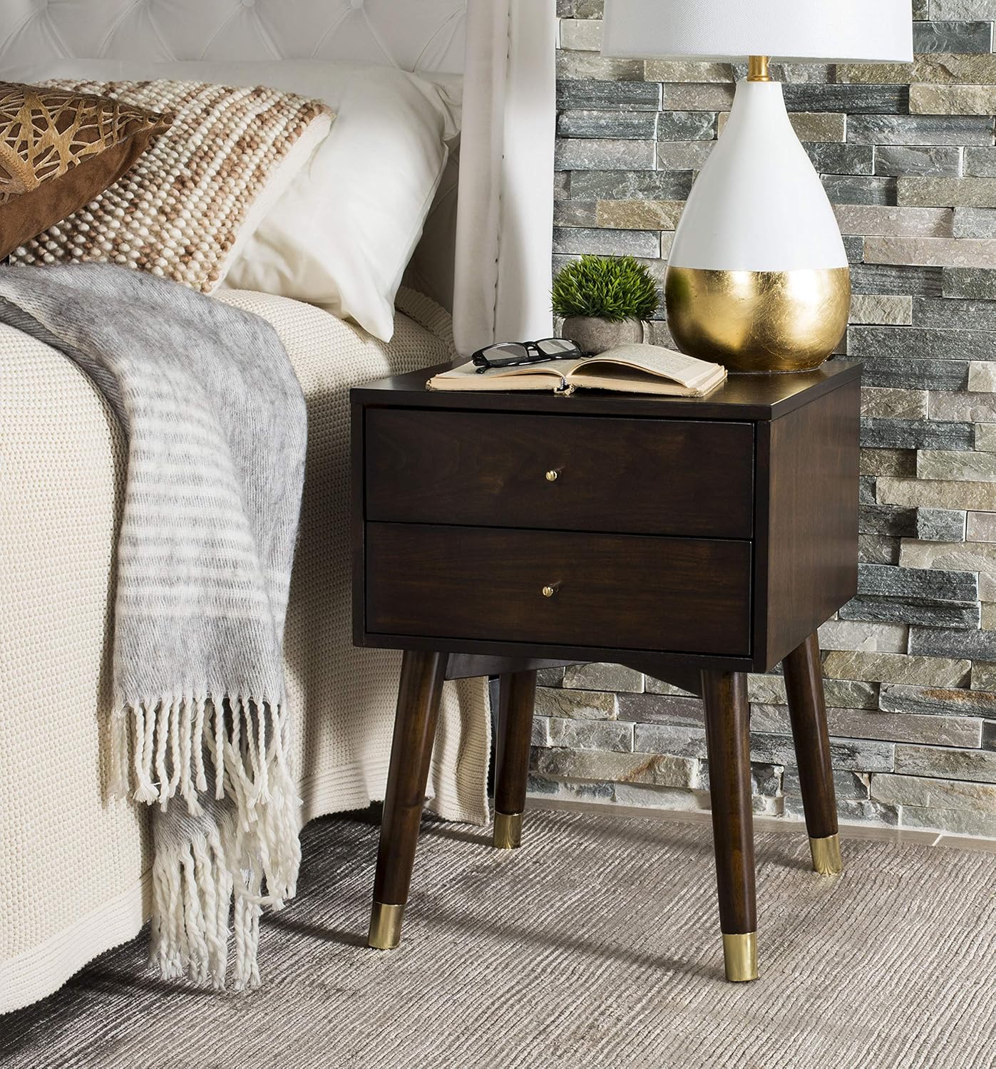 Safavieh Home Collection Lyla Mid Century Retro Silver Cap Nightstand, Walnut/Gold