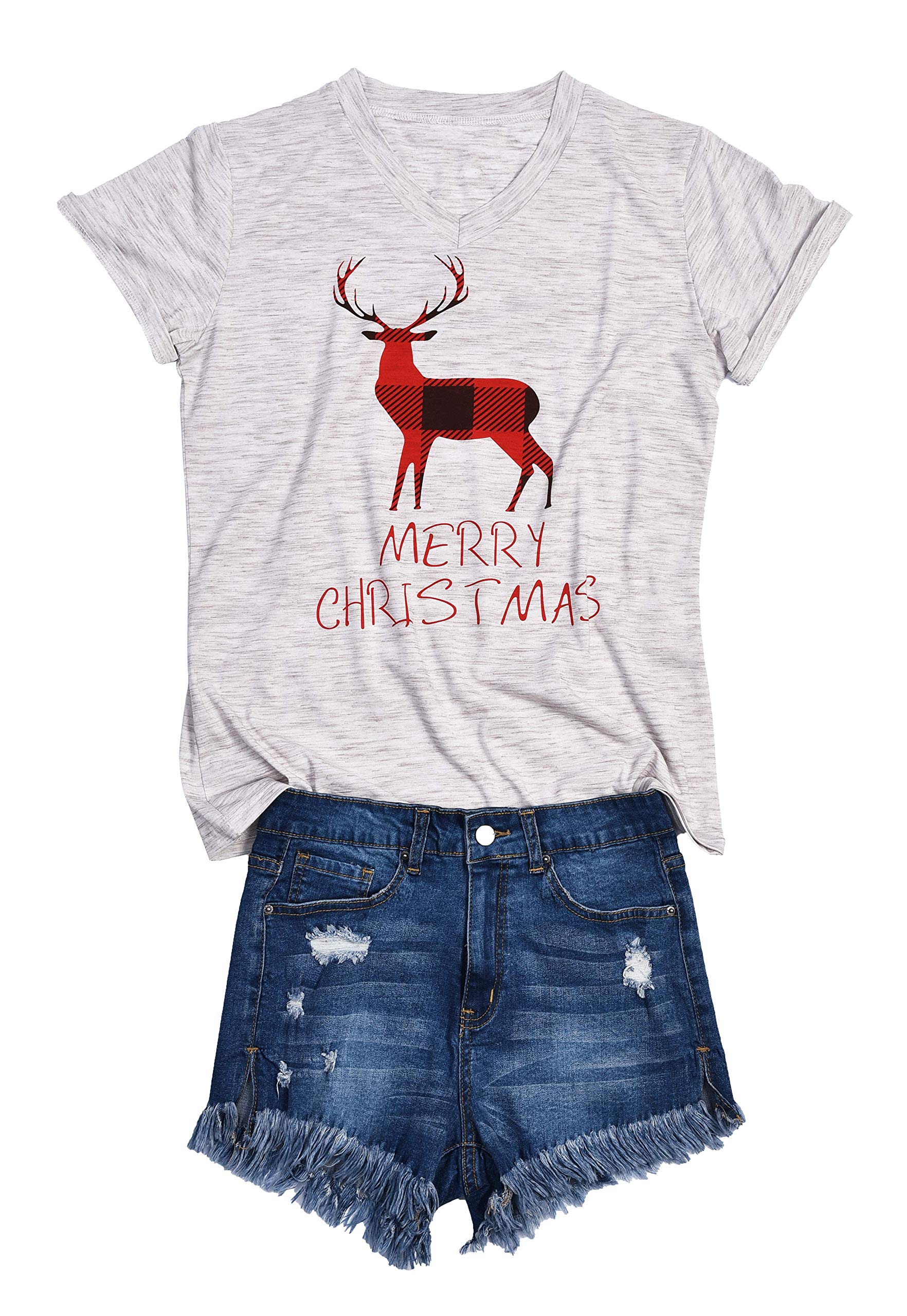 AOVXO Christmas Short Sleeve Shirts for Women Merry Christmas Shirt Hat Truck Reindeer Christmas Movie T-Shirt Meaningful Gift (Gray 2, L)