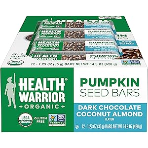 Health Warrior Pumpkin Seed Protein Bars, Dark Chocolate Coconut Almond, 12 Count