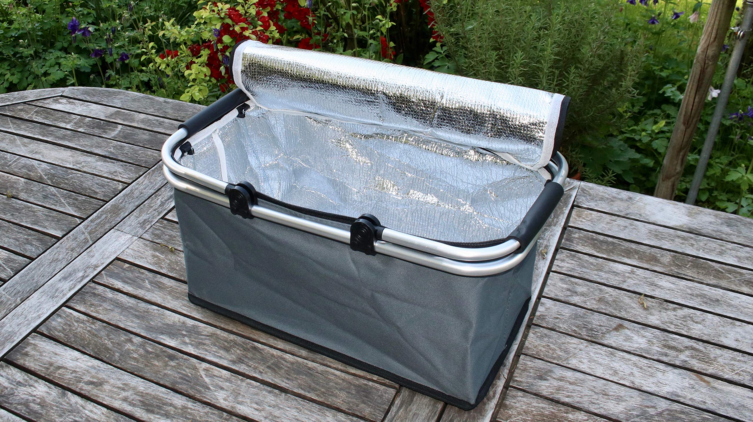 Cesta termica aislada, Plegable y Resistente Porta Alimentos con Asas de Aluminio MY Thermo Basket TO GO, Capacidad 28 litros, para Picnic, Playa, Barbacoa, con pies en la Parte Inferior Color Gris