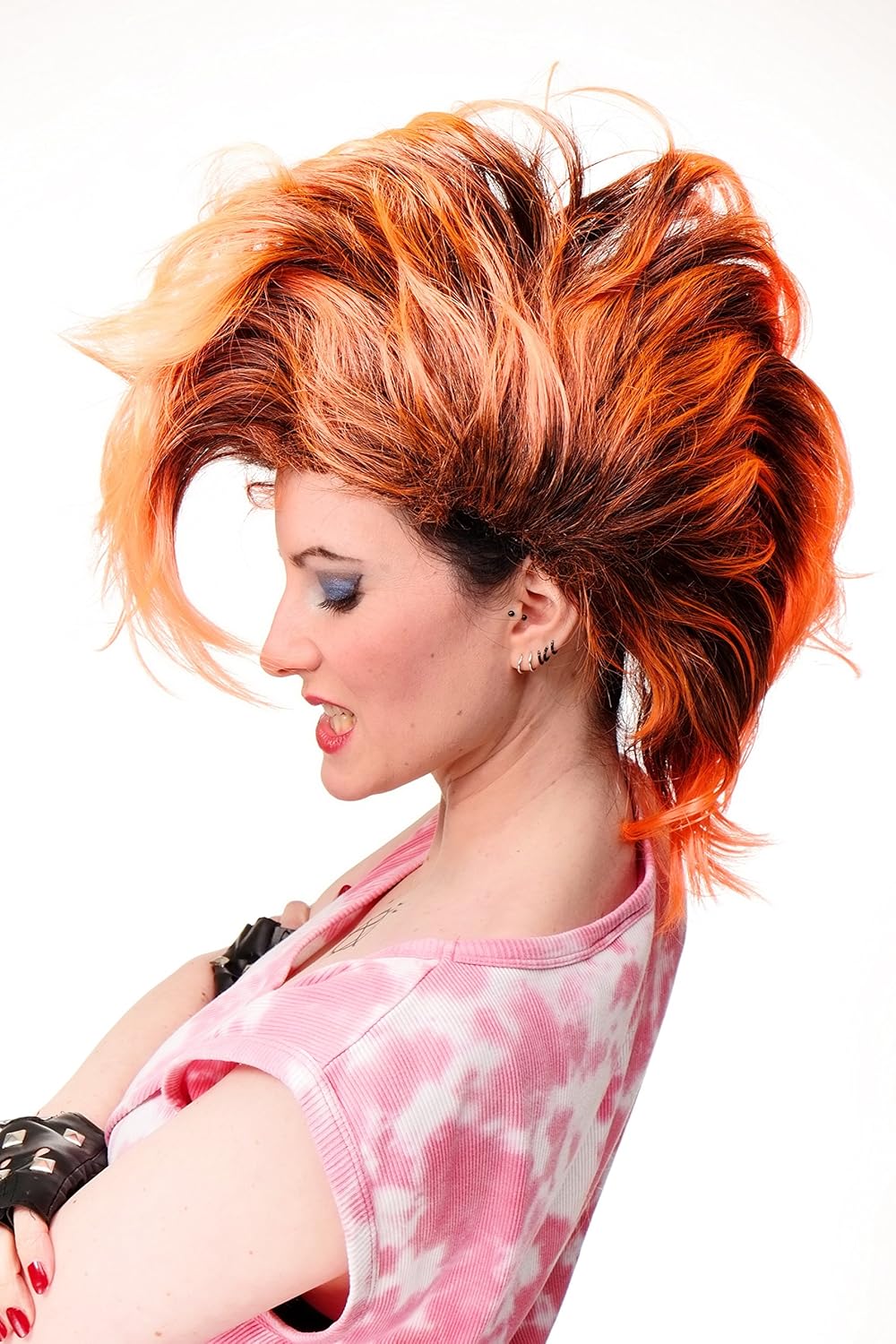 WIG ME UP, Party/Fancy Dress/Halloween Wig Mohawk 80ies Wave Glam Punk Black & Orange, Black and neon orange (P103PC24) - Image 4