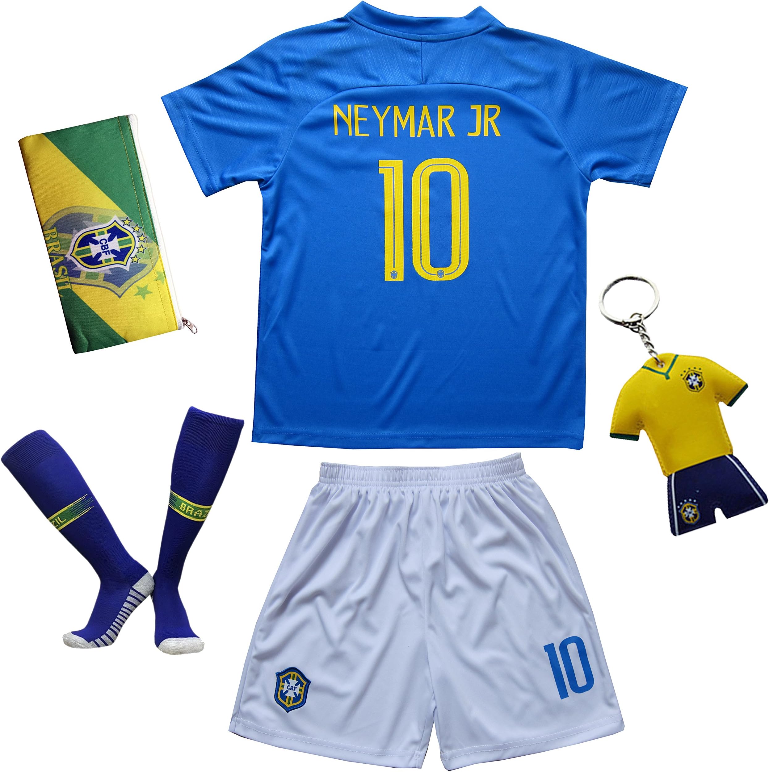 KID BOX Brazil Neymar JR #10 Away Blue Football Soccer Kids Jersey Short Socks Set Youth Sizes