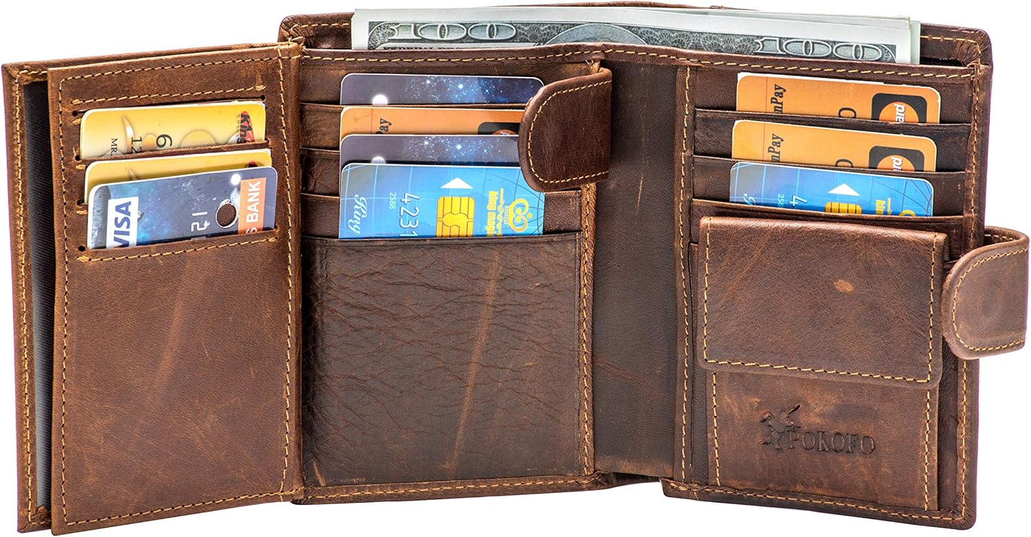 Large RFID Genuine Leather Card Holder Trifold Wallet Snap