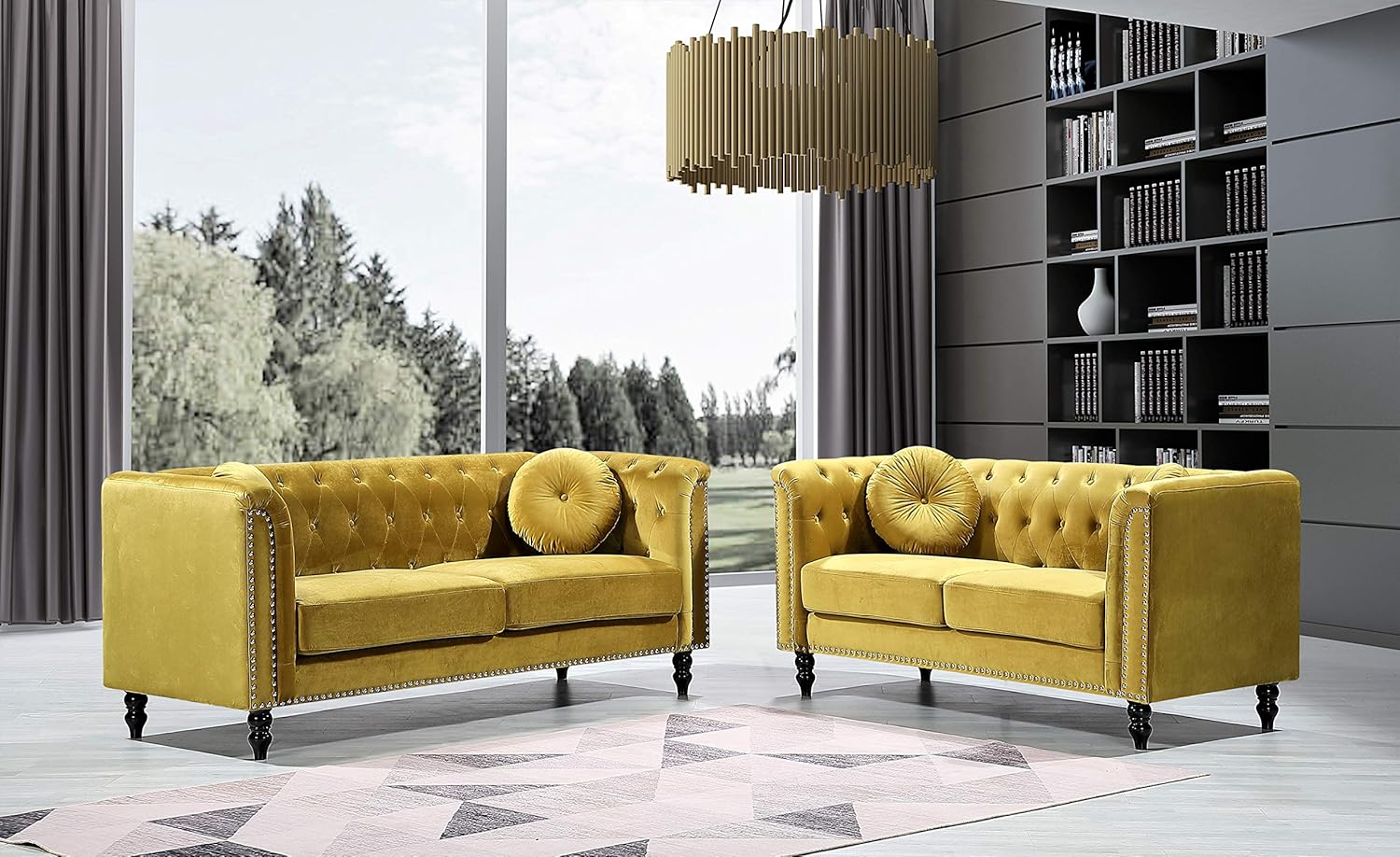 Container Furniture Direct Kittleson Mid Century Velvet Upholstered Nailhead Chesterfield Sofa Set, 2 Piece, Strong Yellow: Furniture & Decor