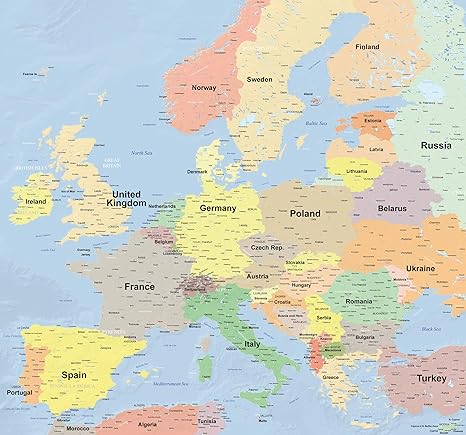 Amazon 世界地図 ヨーロッパ ポスター 大型 英語版 ラミネート加工 インテリア ビジネス 地図 文房具 オフィス用品