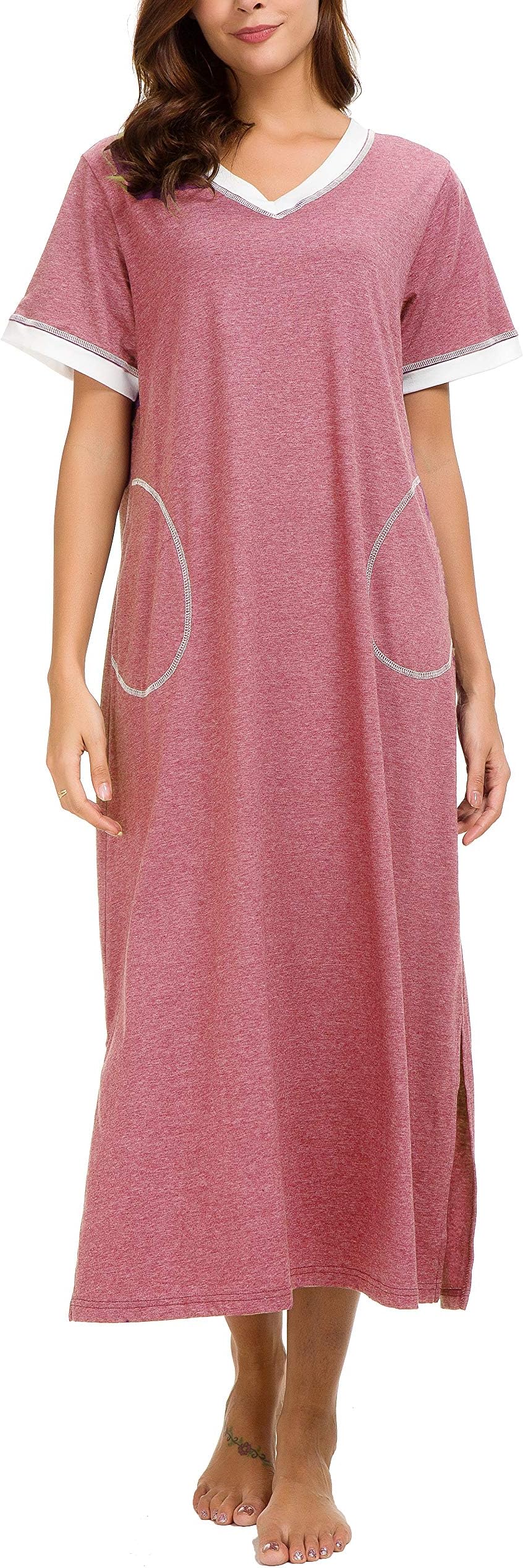 Women Long Nightgowns Soft Lounge House Dress Short Sleeve Sleep Shirt Pockets