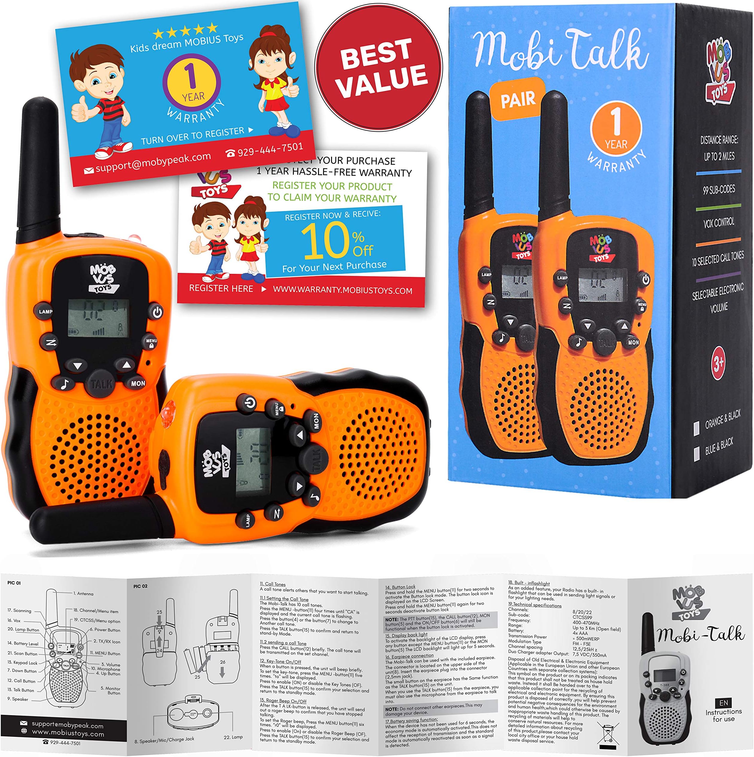 Walkie Talkies for Kids - (Vox Box) Voice Activated Walky Talky Toys for Kids, Long Range Two Way Radios for Boys & Girls, 3+ Miles Children's Walkie Talkie Set, (Orange - Limited Edition)