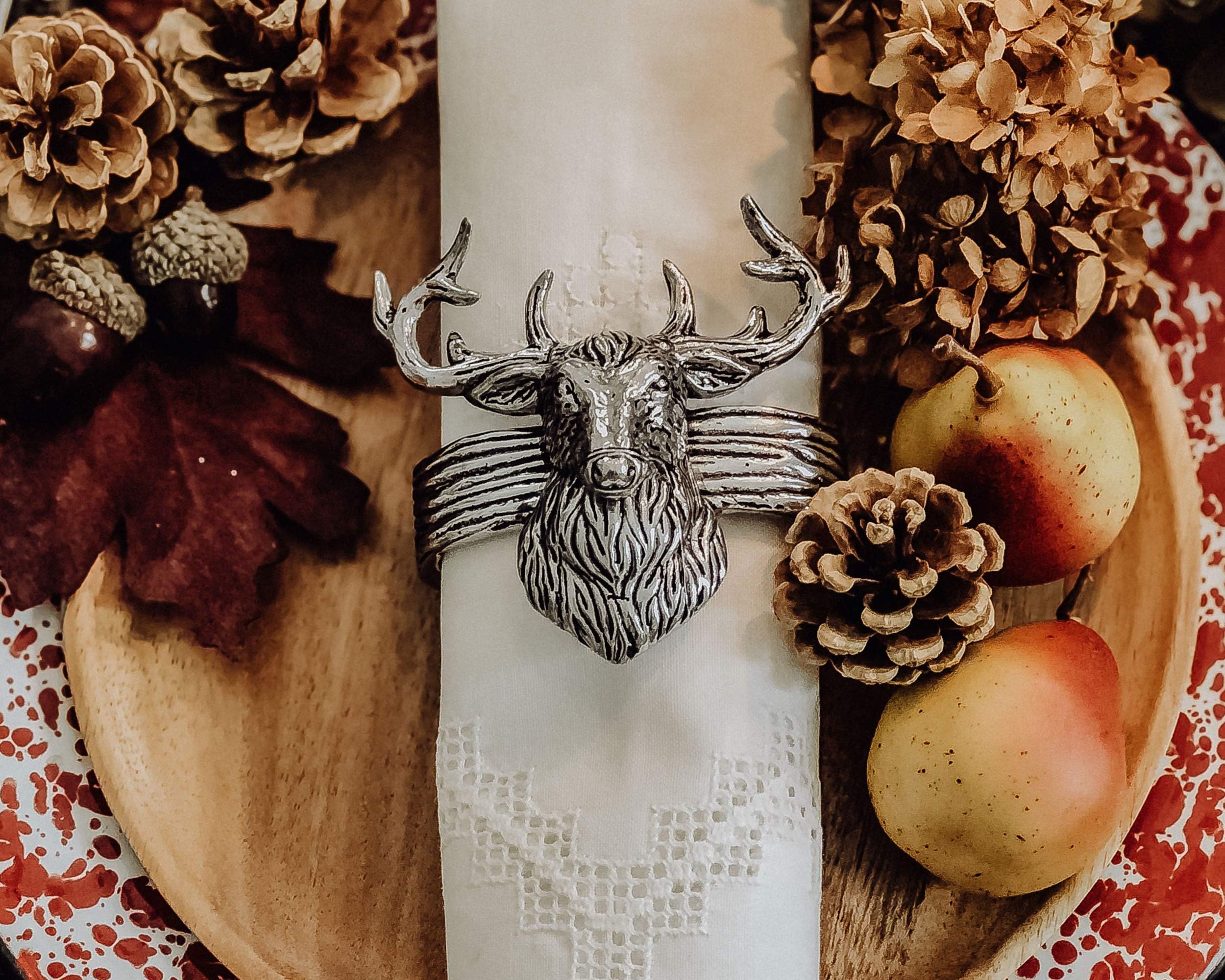 Arthur Court Durable Metal Elk Head Napkin Rings - Deer, Stag Design, Set of 4 for Hunter Lodge, Home Decor, Perfect for Christmas & Thanksgiving