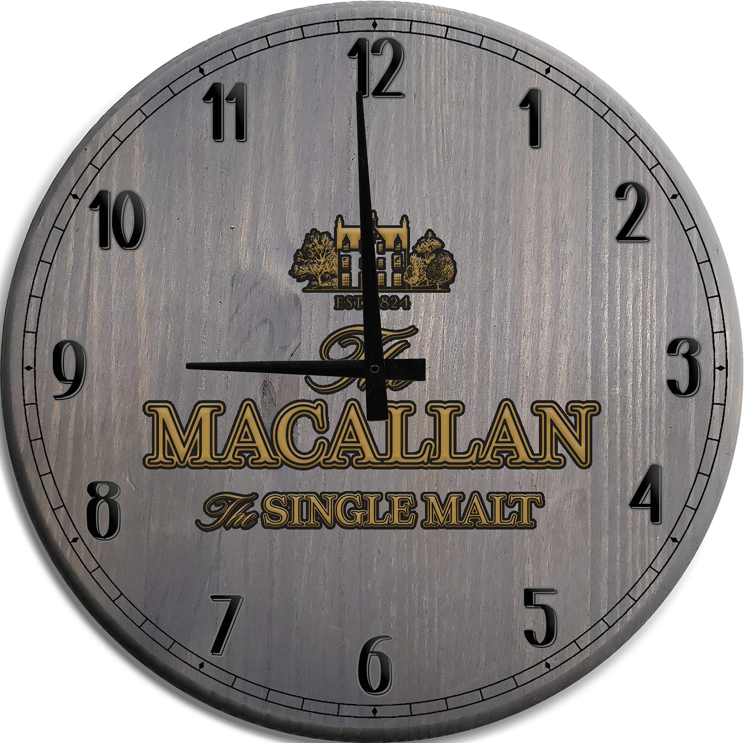 TBA Large Wall Clock Macallan Bourbon Whiskey Single Malt Man Cave Wall Decor Barnwood Gray 14 inch Wall Decor