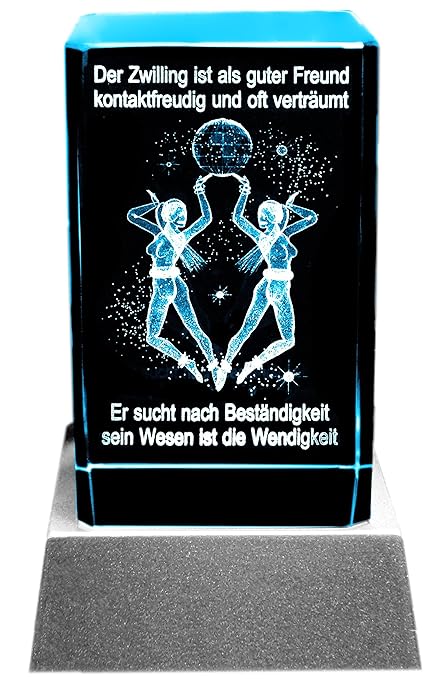 Kaltner Präsente Stimmungslicht LED Kerze/Kristall Glasblock / 3D-Laser-Gravur Sternzeichen Zwilling