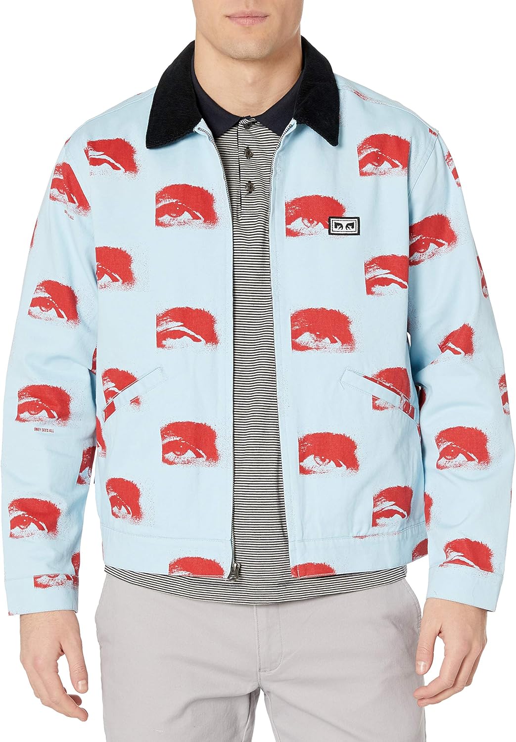 Obey Men's Boxy fit. Printed Zip Jacket with Contrast Corduroy Collar: Clothing