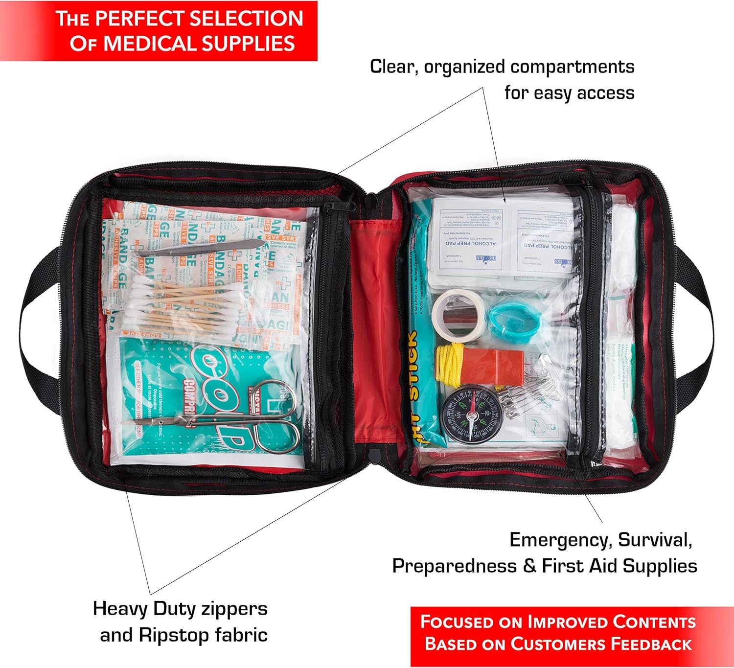First Aid Kit for Car - Home, Traveling, Camping, Office or Sports | 200 Pieces Bag Equipped with Medical Supplies: Health & Personal Care