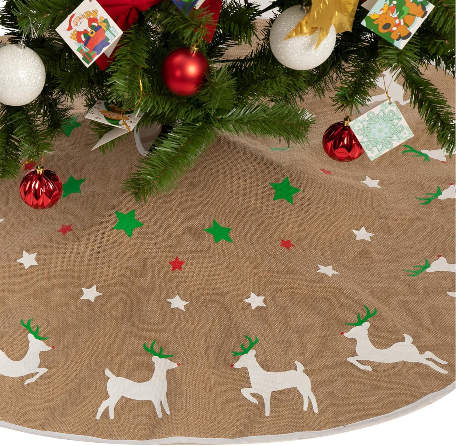 Burlap Reindeer Tree Skirt, Christmas Rustic Tree Skirt Decoration for Xmas Home Holiday Seasonal Decors (36-inch)