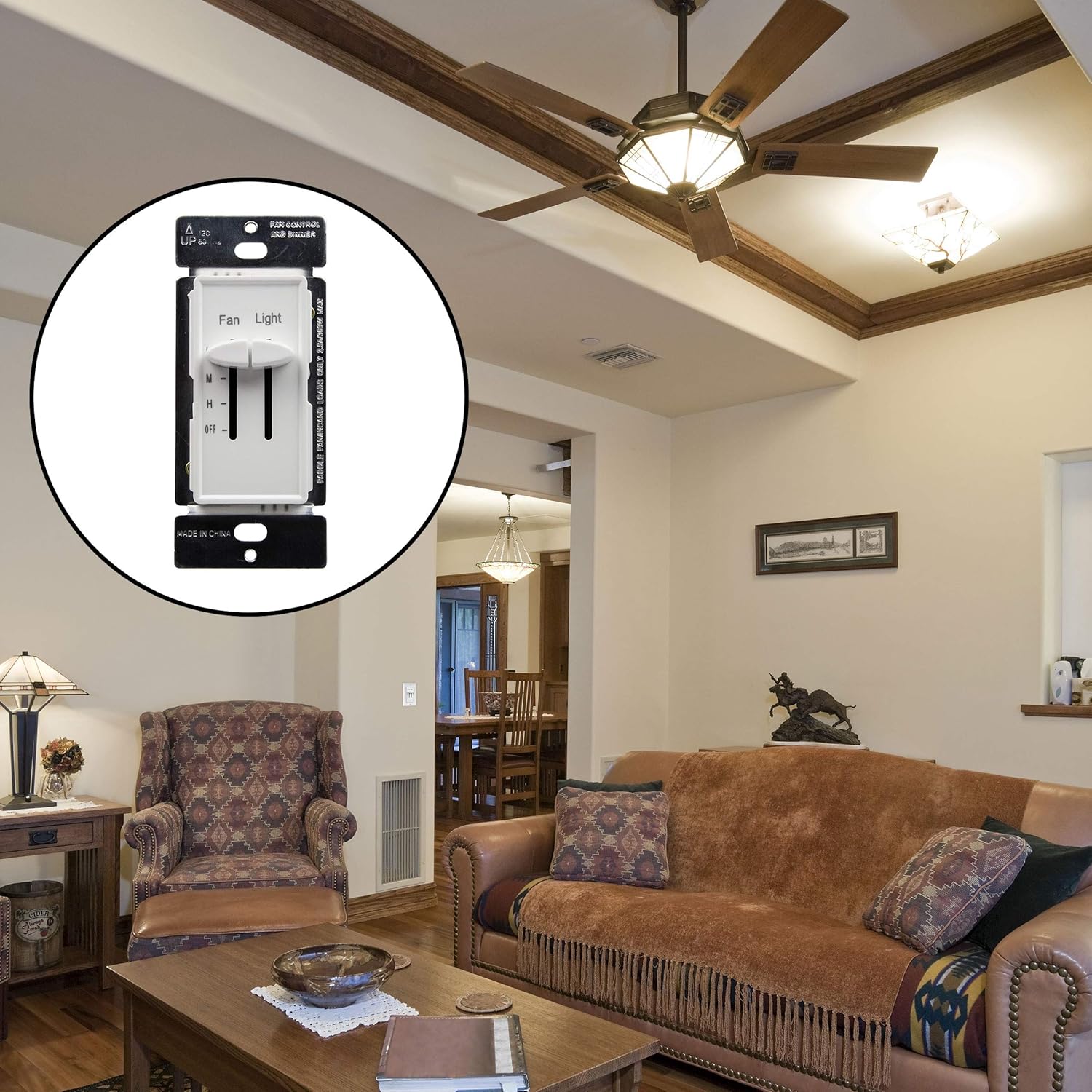 ENERLITES 3 Speed Ceiling Fan Control and LED Dimmer Light Switch, 2.5A Single Pole Light Fan Switch, 300W Incandescent Load, No Neutral Wire Required, 17001-F3-W, White - - 