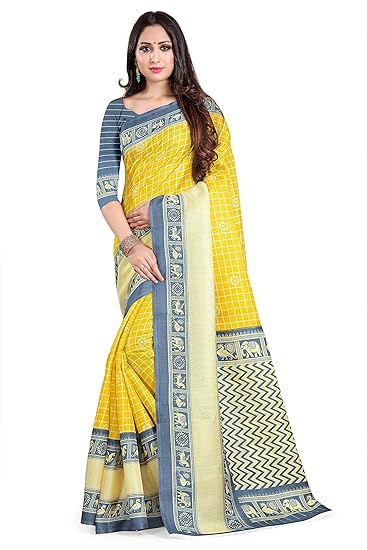 Womens Ikat Art Silk Saree With Blouse Piece (Khadi Silk 1 Yellow Grey_Yellow & Grey)