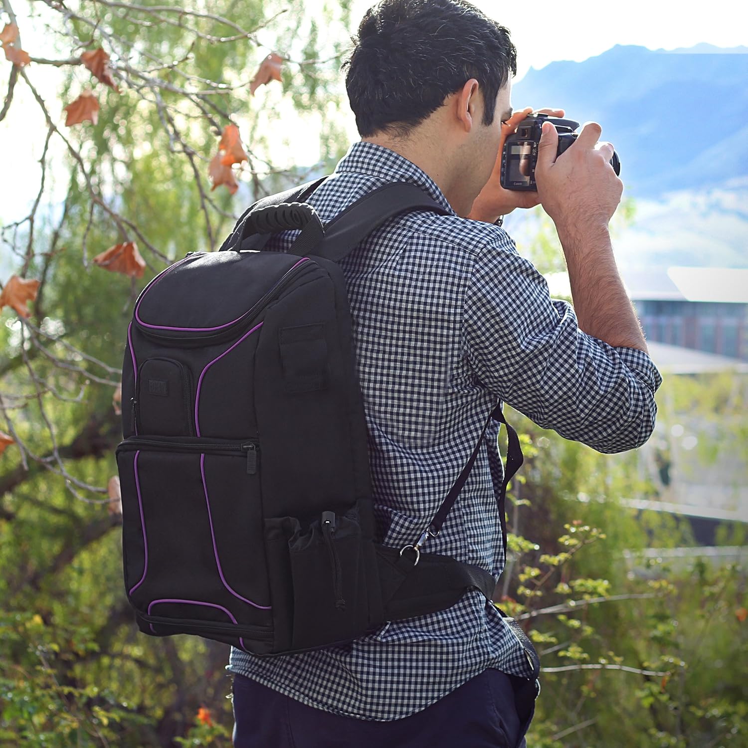 USA GEAR DSLR Camera Backpack Case (Purple) - 15.6 inch Laptop Compartment, Padded Custom Dividers, Tripod Holder, Rain Cover, Long-Lasting Durability and Storage Pockets - Compatible with Many DSLRs : Electronics