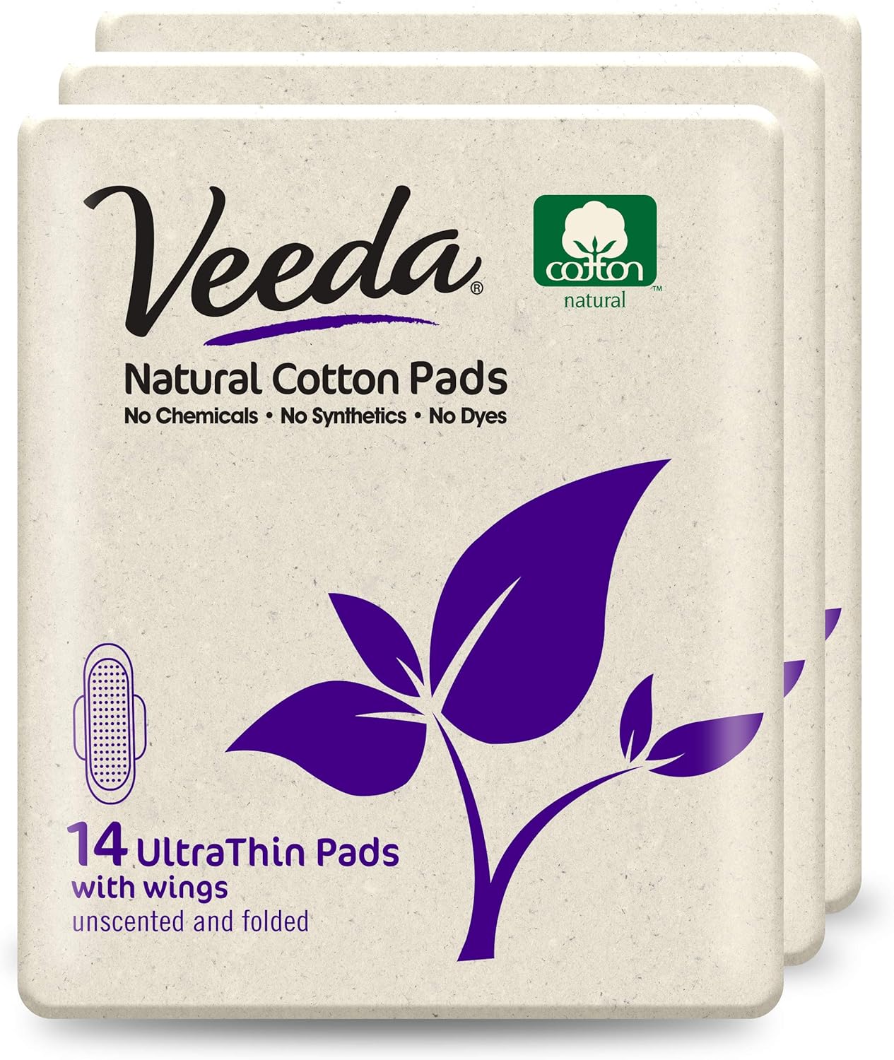 Veeda Ultra Thin Super Absorbent Day Pads Are Always Chlorine Pesticide Dye and Fragrance Free Natural Cotton Sanitary Napkins, 3 Packs of 14 Count Each: Health & Personal Care
