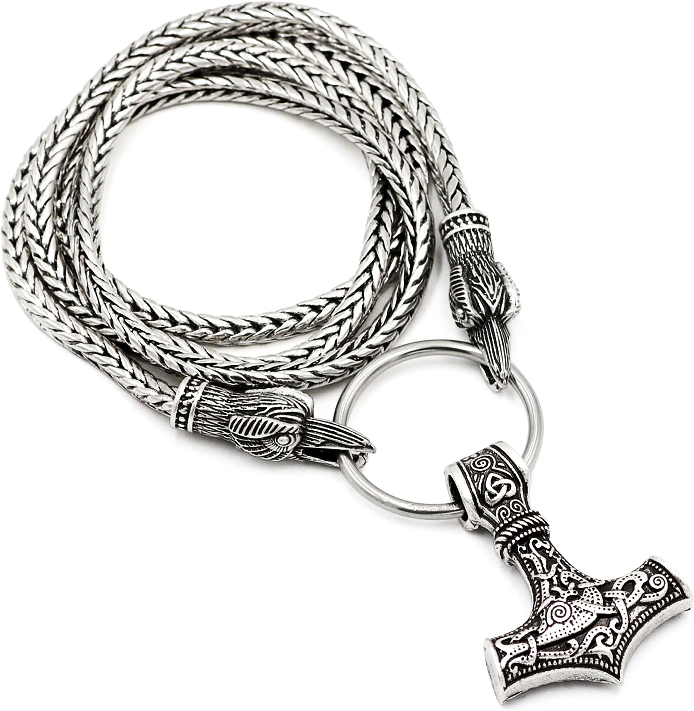 3D Ravens Viking Odins Thor`s Hammer Pendant Necklace Mjolnir,Amulet Norse Huginn and Muninn Snake Chain Norse Mythology