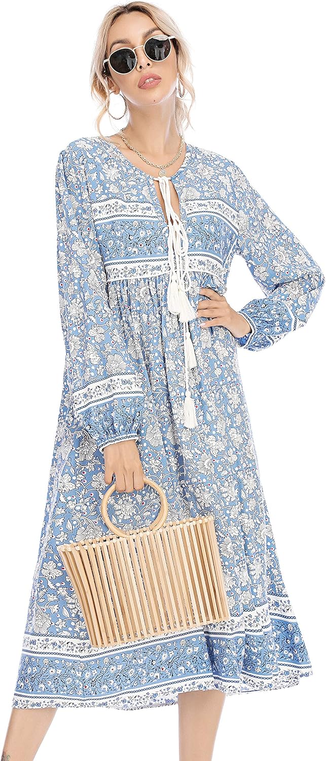 R.Vivimos Women's Long Sleeve Floral Print Retro V Neck Tassel Bohemian Midi Dresses: Clothing